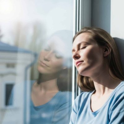 A woman finds a moment of peace by the window, her eyes closed as she basks in the warm sunlight, her reflection captured in the glass, creating a serene and contemplative atmosphere.